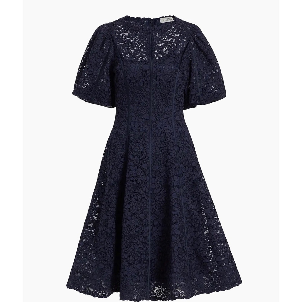 Teri Jon Rickie Freeman Dress 8 Navy Blue Floral Lace Puff Sleeve Midi Event
